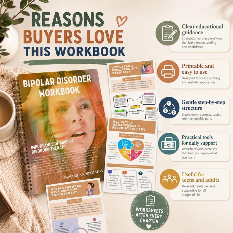 May include: A spiral-bound Bipolar Disorder Workbook with a cover featuring a person's face and the title. The image includes text explaining reasons buyers love this workbook, such as clear educational guidance, printable pages, step-by-step structure, practical tools for daily support, and utility for teens and adults.