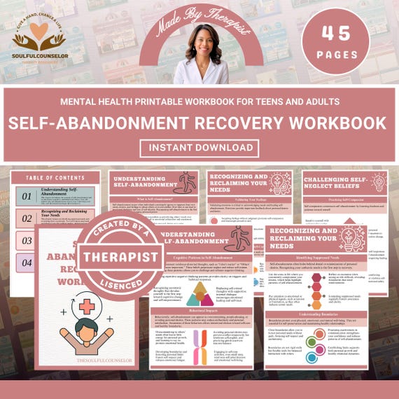 Self-Abandonment Recovery Workbook, Therapeutic Self-Help Guide for Teens & Adults, Reflective Prompts | Printable PDF
