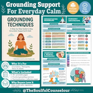 May include: A printable workbook titled Grounding Techniques: A Step-by-Step Guide to Stay Grounded, Supported & Safe. The cover features an illustration of a person sitting in a meditative pose. The interior pages include sections on understanding grounding, sensory grounding, and cognitive mental grounding exercises with colorful icons and text.