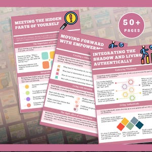 May include: A collection of pink and white informational cards with titles like "Meeting the Hidden Parts of Yourself" and "Integrating the Shadow and Living Authentically." The cards feature colorful diagrams and text, with a "50+ Pages" graphic.