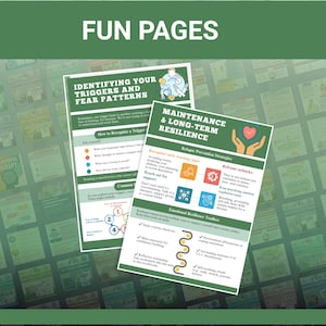May include: Two printed pages with the text "FUN PAGES" at the top. One page is titled "IDENTIFYING YOUR TRIGGERS AND FEAR PATTERNS." The other page is titled "MAINTENANCE & LONG-TERM RESILIENCE." The pages contain text and graphics.