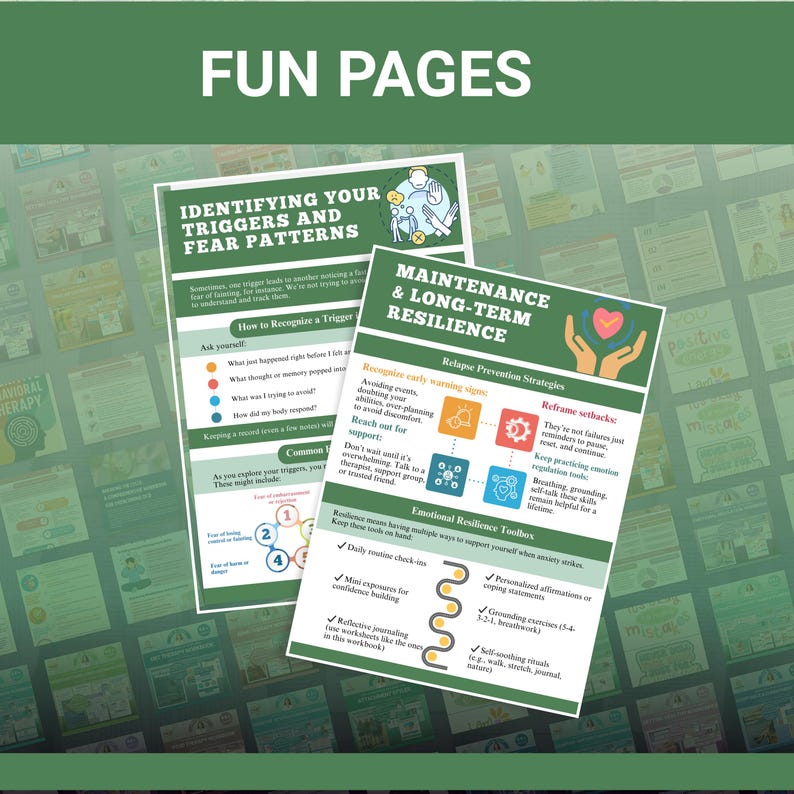 May include: Two printed pages with the text "FUN PAGES" at the top. One page is titled "IDENTIFYING YOUR TRIGGERS AND FEAR PATTERNS." The other page is titled "MAINTENANCE & LONG-TERM RESILIENCE." The pages contain text and graphics.