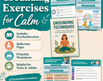 May include: A set of educational documents titled Grounding Exercises for Calm, featuring a step-by-step guide, worksheets, and mental grounding techniques. The pages include text, illustrations of people, and lists for teens and adults.