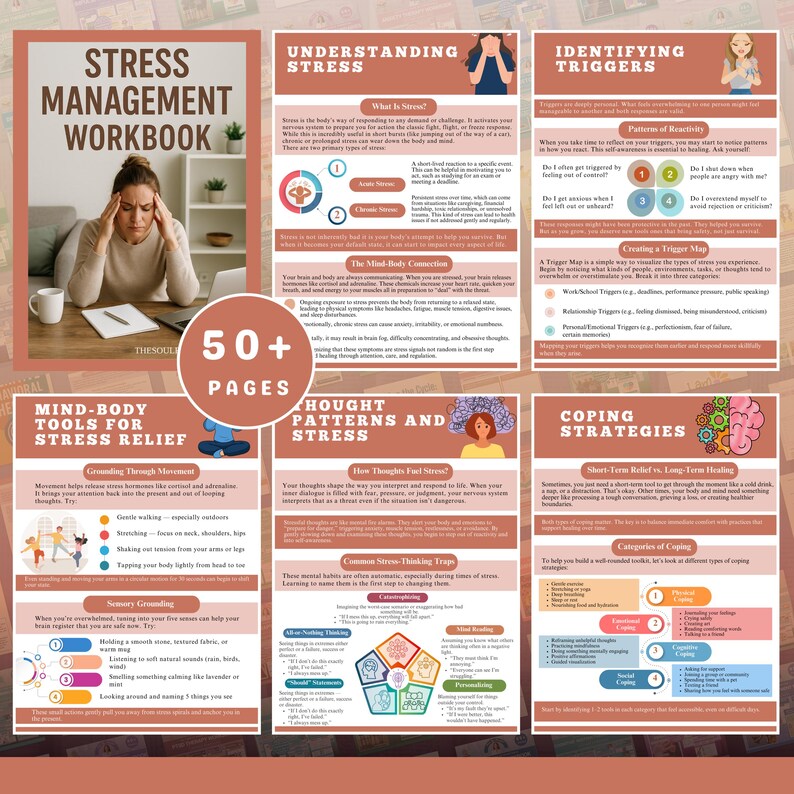 stress management workbook, stress relief workbook, coping skills workbook, emotional regulation guide, self-care workbook, mental health pdf, anxiety coping workbook, therapist created workbook, digital workbook for adults, calming workbook for stress, trauma informed workbook, nervous system workbook, burnout recovery workbook, printable therapy tools