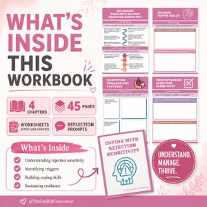 May include: A workbook titled What's Inside This Workbook featuring 4 chapters, 45 pages, worksheets, and reflection prompts. It includes sections on sustaining resilience, building coping skills, identifying triggers, and understanding rejection sensitivity.