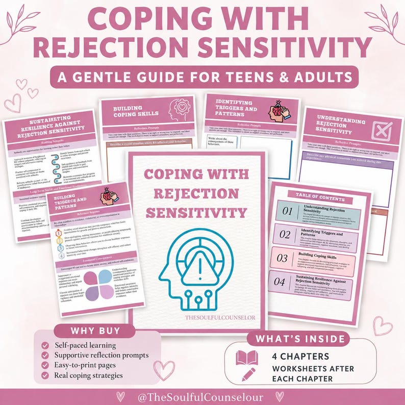 May include: A collection of printed worksheets titled Coping With Rejection Sensitivity: A Gentle Guide For Teens & Adults. The pages feature pink and white color schemes, text headers, bullet points, and a central graphic of a human head profile.