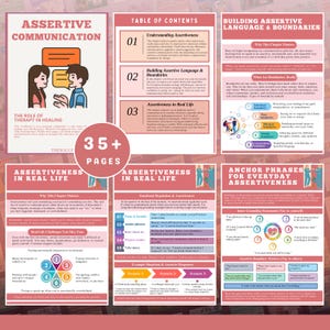 May include: A self-help guide titled "Assertive Communication" with the subtitle "The Role of Therapy in Healing." The guide features colorful infographics, including a table of contents and anchor phrases. The cover shows a cartoon of two people talking.