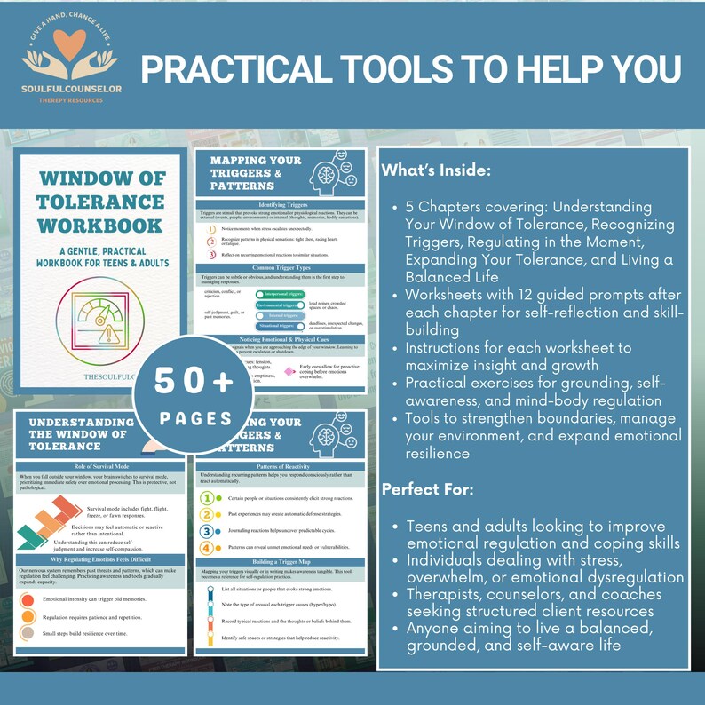 以下が含まれることがあります： 「Window of Tolerance」というタイトルのワークブックで、「Practical Tools to Help You」というテキストが入っています。このワークブックには、トリガー、パターン、感情調節に関するセクションが含まれています。50ページ以上あり、10代と大人向けに設計されています。
