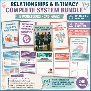 Op de afbeelding: Een Relationships & Intimacy Complete System Bundle met 5 werkboeken en 240 pagina's. Bevat werkboeken voor relatietherapie, herstel na ontrouw, hechtingsstijlen, angst voor verlating en koppelcommunicatie met printbare, invulbare pagina's.