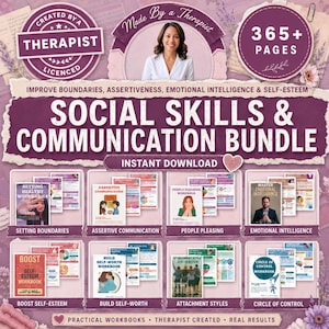 May include: A digital social skills and communication bundle featuring 365+ pages of therapist-created workbooks. The purple and white graphic includes titles like Setting Boundaries, Assertive Communication, People Pleasing, and Emotional Intelligence.