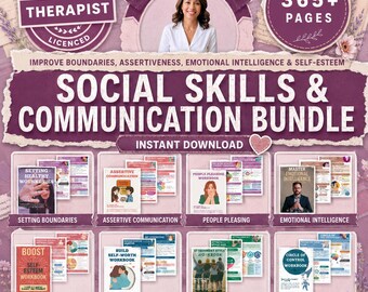 May include: A digital social skills and communication bundle featuring 365+ pages of therapist-created workbooks. The purple and white graphic includes titles like Setting Boundaries, Assertive Communication, People Pleasing, and Emotional Intelligence.