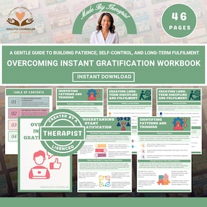 Könnte beinhalten: Ein Arbeitsbuch mit dem Titel "Überwindung der Sofortbefriedigung", verfügbar als Sofort-Download. Das Cover zeigt ein Foto einer Therapeutin und den Text "Made by Therapist". Es behandelt Geduld und Selbstkontrolle. Das Arbeitsbuch hat 46 Seiten.