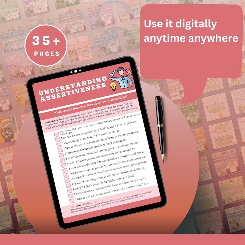 May include: A digital tablet displays a worksheet titled "Understanding Assertiveness" with checkboxes. A black pen rests beside the tablet. The image includes the text "Use it digitally anytime anywhere" and "35+ PAGES". The background features other worksheets.