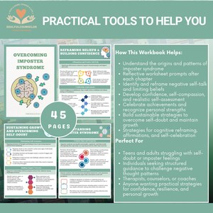 Cover image of Overcoming Imposter Syndrome Workbook with calming colors

Sample chapter pages showing reflective worksheets for teens and adults

Printable PDF workbook for challenging self-doubt and building confidence

Therapeutic guide for recognizing and reframing imposter feelings

Workbook for cultivating self-worth, affirmations, and resilience
