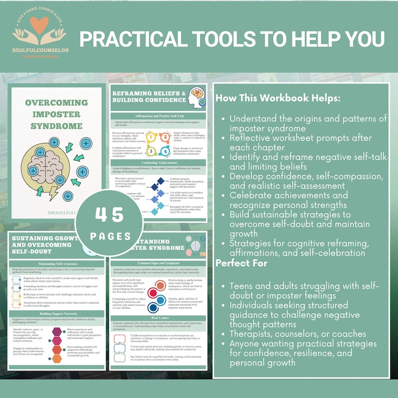 Cover image of Overcoming Imposter Syndrome Workbook with calming colors

Sample chapter pages showing reflective worksheets for teens and adults

Printable PDF workbook for challenging self-doubt and building confidence

Therapeutic guide for recognizing and reframing imposter feelings

Workbook for cultivating self-worth, affirmations, and resilience