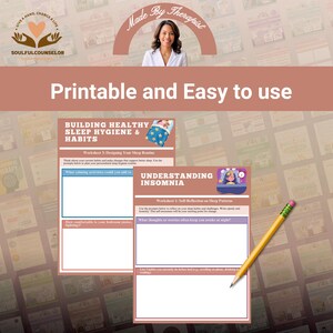 Op de afbeelding: Afdrukbare werkbladen voor slaaphygi&euml;ne en slapeloosheid, met prompts voor zelfreflectie en routineontwerp. Inclusief een potlood om mee te schrijven. De tekst luidt "Printable and Easy to use."