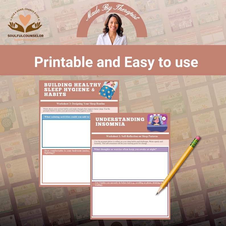 Op de afbeelding: Afdrukbare werkbladen voor slaaphygi&euml;ne en slapeloosheid, met prompts voor zelfreflectie en routineontwerp. Inclusief een potlood om mee te schrijven. De tekst luidt "Printable and Easy to use."
