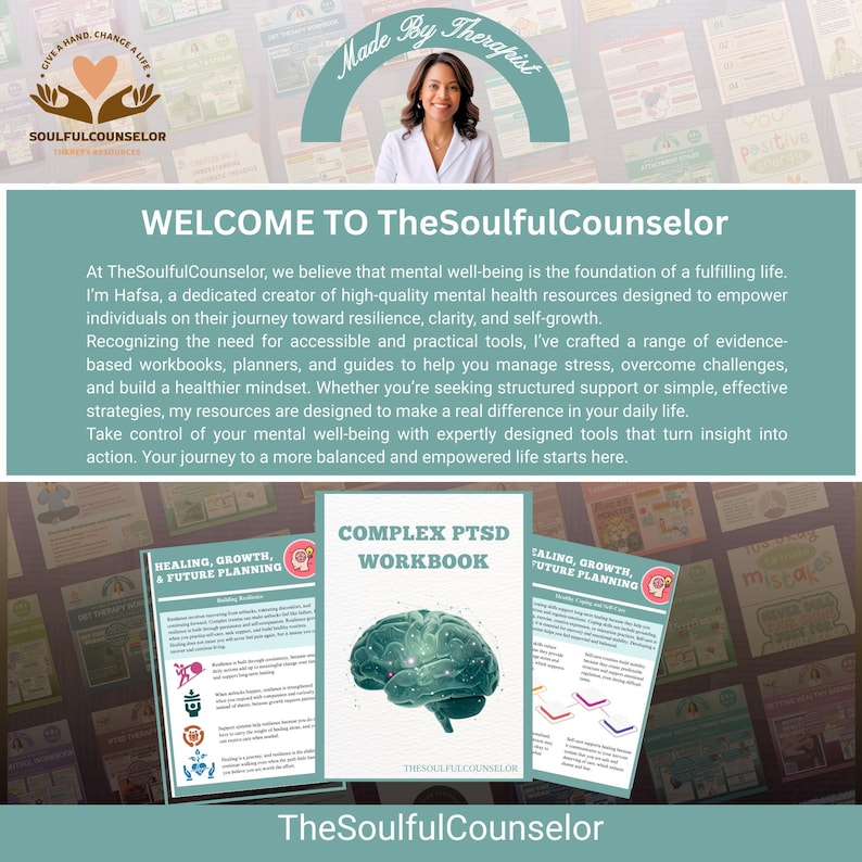 May include: TheSoulfulCounselor promotional image. Features a woman and text that reads "WELCOME TO TheSoulfulCounselor." Includes workbooks with titles like "Complex PTSD Workbook" and "Healing, Growth, & Future Planning."