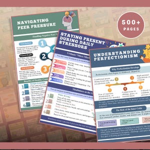 May include: Three educational posters titled Navigating Peer Pressure, Staying Present During Daily Stressors, and Understanding Perfectionism. Each poster features numbered lists, text-based advice, and colorful icons on a white background with a 500+ pages badge.