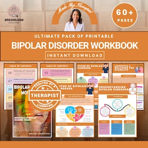 May include: A printable Bipolar Disorder Workbook with over 60 pages. The cover features the text "Ultimate Pack of Printable Bipolar Disorder Workbook" and "Instant Download". The workbook includes sections on relationships, understanding, and therapy.