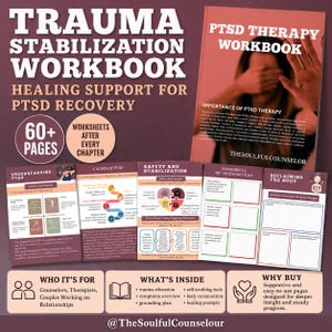 K&ouml;nnte beinhalten: Ein Trauma-Stabilisierungs-Arbeitsbuch zur PTBS-Genesung mit einem Cover, das eine Person zeigt, die ihr Gesicht bedeckt, sowie mehreren offenen Seiten, die Arbeitsbl&auml;tter, Diagramme und Texte zu Erdungspl&auml;nen und Sicherheit zeigen.