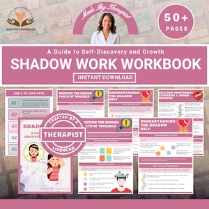 以下が含まれることがあります： 「SHADOW WORK WORKBOOK」というタイトルのピンクと白のワークブック。テキストは「A Guide to Self-Discovery and Growth」です。ワークブックには「INSTANT DOWNLOAD」と「50+ PAGES」というテキストがあります。表紙には女性と「Made By Therapist」という言葉が描かれています。