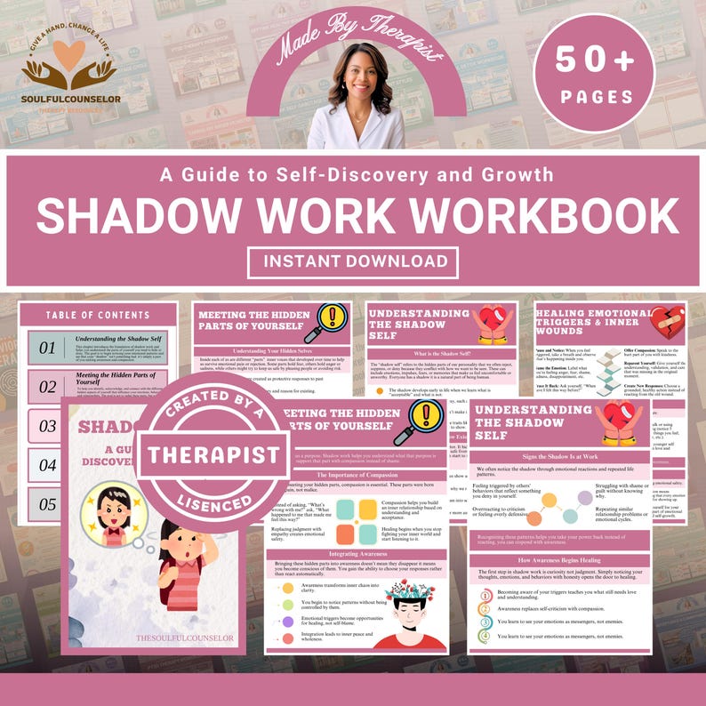 May include: A pink and white workbook titled "SHADOW WORK WORKBOOK" with the text "A Guide to Self-Discovery and Growth." The workbook has the text "INSTANT DOWNLOAD" and "50+ PAGES." The cover features a woman and the words "Made By Therapist."