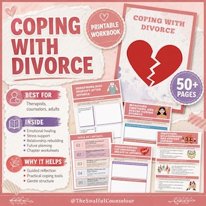 Op de afbeelding: Een printbaar werkboek getiteld Coping with Divorce met een afbeelding van een gebroken rood hart, 50+ pagina's en diverse werkbladen met secties over zelfidentiteit, emotiebeheer, stress en relatieopbouw met begeleide reflectievragen.