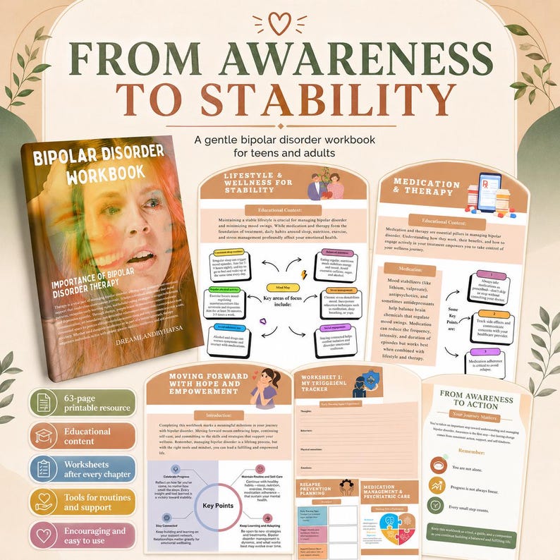 May include: A bipolar disorder workbook titled From Awareness to Stability, featuring a book cover with a person's face, multiple informational pages with text, diagrams, and icons, and a list of features including 63-page printable resource.