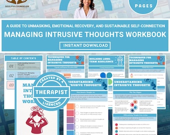 May include: A workbook titled "Managing Intrusive Thoughts" with the text "Instant Download." The cover features a woman's photo and the words "Made By Therapist." The workbook includes 35 pages and a table of contents.