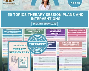 May include: A digital download titled "50 Topics Therapy Session Plans and Interventions." The image features a woman and several colorful pages with text like "Strengthening Emotional Safety in Relationships" and "Building Secure Communication."