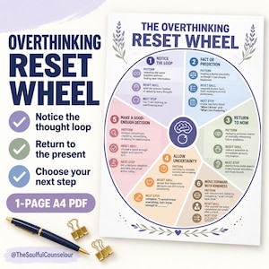 May include: A printed document titled The Overthinking Reset Wheel featuring a circular diagram divided into six colored sections with text, icons, and a central brain graphic. A dark blue pen and two gold binder clips are placed near the document.