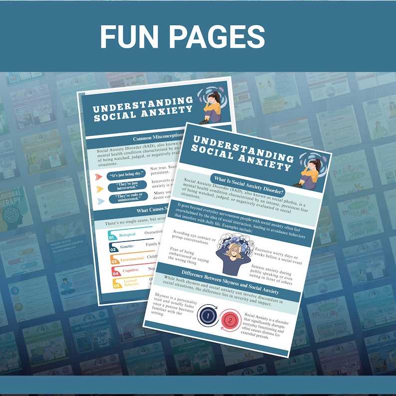 Op de afbeelding: Twee educatieve posters met de titel "Sociale angst begrijpen" worden weergegeven. De posters bevatten gedetailleerde informatie, afbeeldingen en opsommingstekens over sociale angststoornis, inclusief oorzaken, misvattingen en verschillen met verlegenheid.