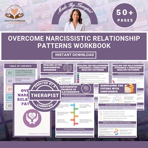 Puede incluir: Un cuaderno de trabajo digital titulado "Superar los patrones de relación narcisistas" con el texto "Descarga instantánea". La portada presenta la imagen de una mujer y el texto "Made By Therapist".