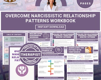 Può includere: Un quaderno di lavoro digitale intitolato "Superare i modelli di relazione narcisistici" con il testo "Download istantaneo". La copertina presenta l'immagine di una donna e il testo "Made By Therapist".