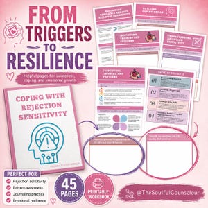 May include: A printable workbook titled From Triggers to Resilience, featuring pages on coping with rejection sensitivity. The set includes a cover page, a table of contents, and various worksheets with prompts for identifying triggers, patterns, and building coping skills.