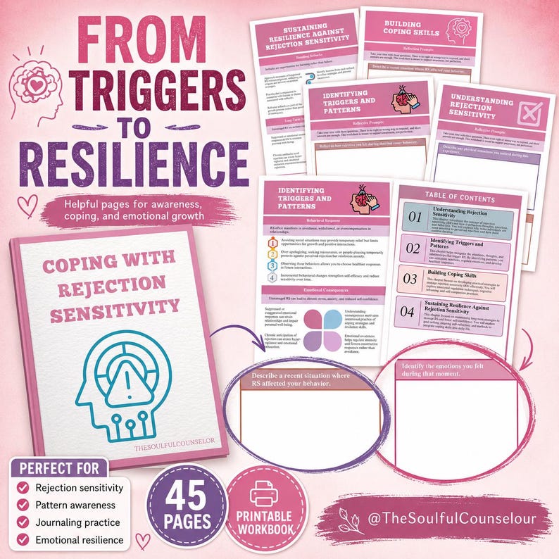 May include: A printable workbook titled From Triggers to Resilience, featuring pages on coping with rejection sensitivity. The set includes a cover page, a table of contents, and various worksheets with prompts for identifying triggers, patterns, and building coping skills.