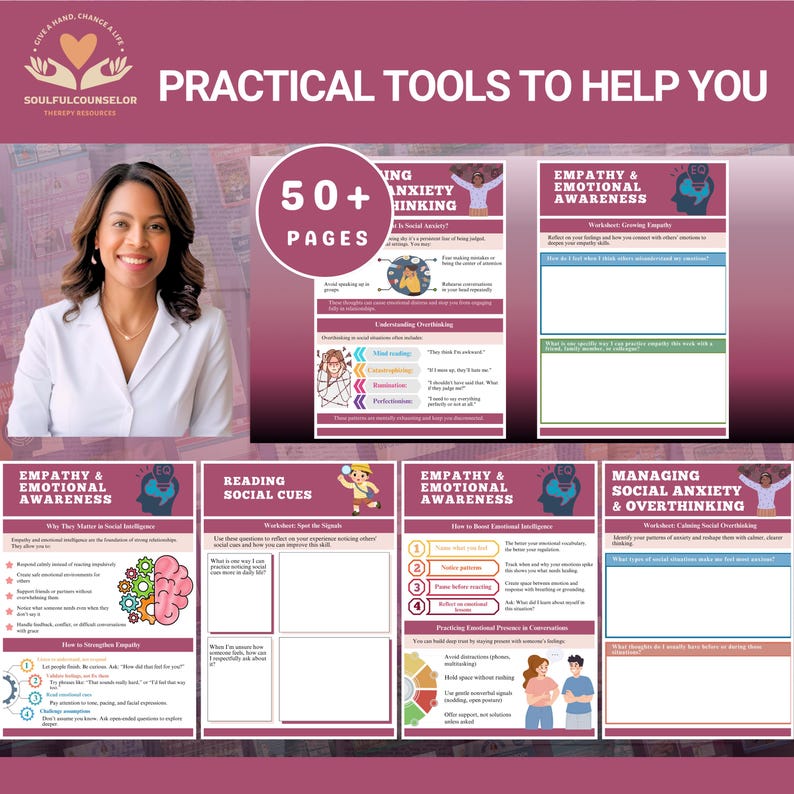 social intelligence workbook, emotional awareness journal, communication skills for teens, social anxiety help, therapist tools printable, social emotional learning PDF, empathy workbook, overthinking help, body language guide, digital therapy worksheets, printable mental health resource, conversation confidence workbook, social skills for adults