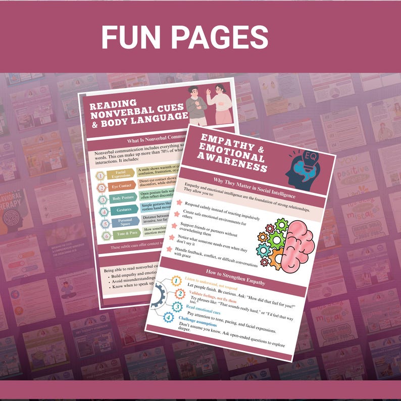May include: Two educational posters with the text "FUN PAGES" at the top. One poster is titled "READING NONVERBAL CUES & BODY LANGUAGE." The other poster is titled "EMPATHY & EMOTIONAL AWARENESS."