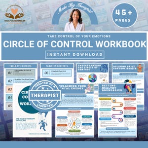 May include: A digital workbook titled "Circle of Control" with the text "Take Control of Your Emotions." The cover features a photo of a woman and the words "Made by Therapist." The workbook has over 45 pages and is available for instant download.