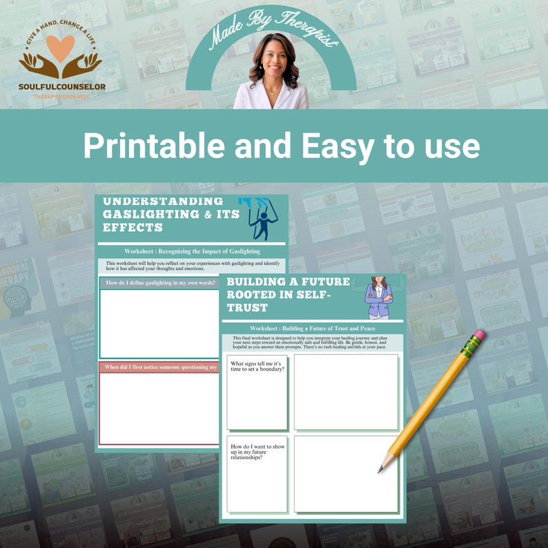 Pu&ograve; includere: Un modello di foglio di lavoro stampabile color verde acqua con il testo "Printable and Easy to use". Il foglio di lavoro include sezioni sulla comprensione del gaslighting e sulla costruzione della fiducia in se stessi. Una matita &egrave; appoggiata sul lato destro dell'immagine.