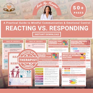 Puede incluir: Una guía digital titulada "Reaccionar vs. Responder" con el texto "Descarga instantánea". La portada presenta a una mujer y las palabras "Made by Therapist". La guía incluye secciones sobre comunicación y control emocional, con más de 50 páginas.