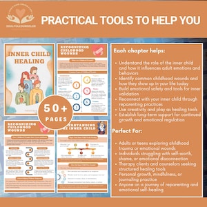 inner child healing workbook, reparenting worksheets for adults, healing childhood trauma, therapy workbook for teens, emotional healing printable, mental health journal prompts, self-discovery workbook, inner child therapy guide, creative expression for healing, shadow work journal