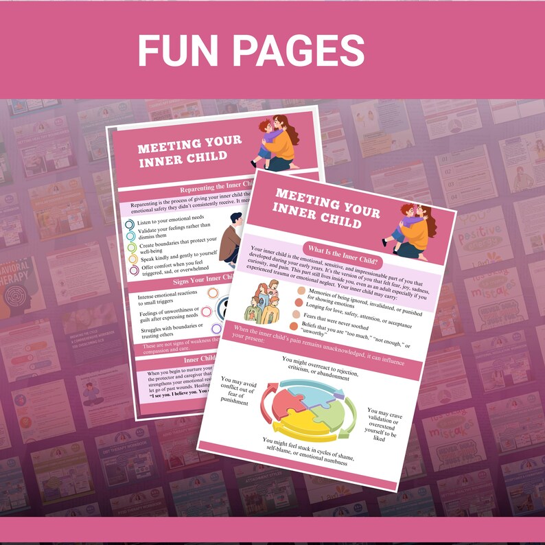 May include: Two pink and white printed pages titled "MEETING YOUR INNER CHILD" with illustrations of a person hugging a child. The pages contain text about emotional well-being and reparenting. The words "FUN PAGES" are at the top.