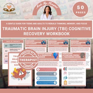 May include: A cognitive recovery workbook for Traumatic Brain Injury (TBI), with 50 pages. The cover displays a woman's photo and the text "Made by Therapist." It's a guide for teens and adults, covering topics like executive function and attention. The workbook's title is visible.