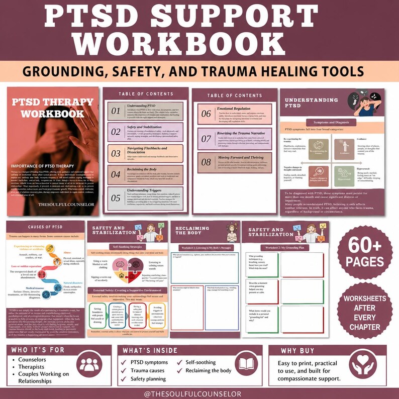 K&ouml;nnte beinhalten: Ein PTSD-Unterst&uuml;tzungs-Arbeitsbuch mit Werkzeugen zur Erdung, Sicherheit und Traumaheilung. Es enth&auml;lt ein Inhaltsverzeichnis, Symptomerkl&auml;rungen und Arbeitsbl&auml;tter zur Selbstberuhigung und Erdung. Es umfasst &uuml;ber 60 Seiten.