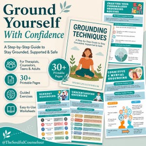 May include: A collection of educational materials titled Ground Yourself With Confidence, featuring a central guide on Grounding Techniques, multiple printable worksheets, and informational pages covering sensory, cognitive, and mental grounding exercises.
