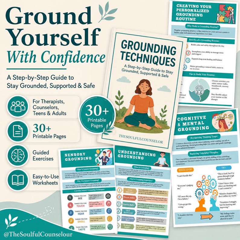 May include: A collection of educational materials titled Ground Yourself With Confidence, featuring a central guide on Grounding Techniques, multiple printable worksheets, and informational pages covering sensory, cognitive, and mental grounding exercises.