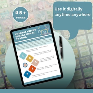 May include: A digital tablet displays the title "Understanding Generational Trauma" with a diagram and text. The tablet is accompanied by a black pen. The image includes the text "45+ PAGES" and "Use it digitally anytime anywhere."