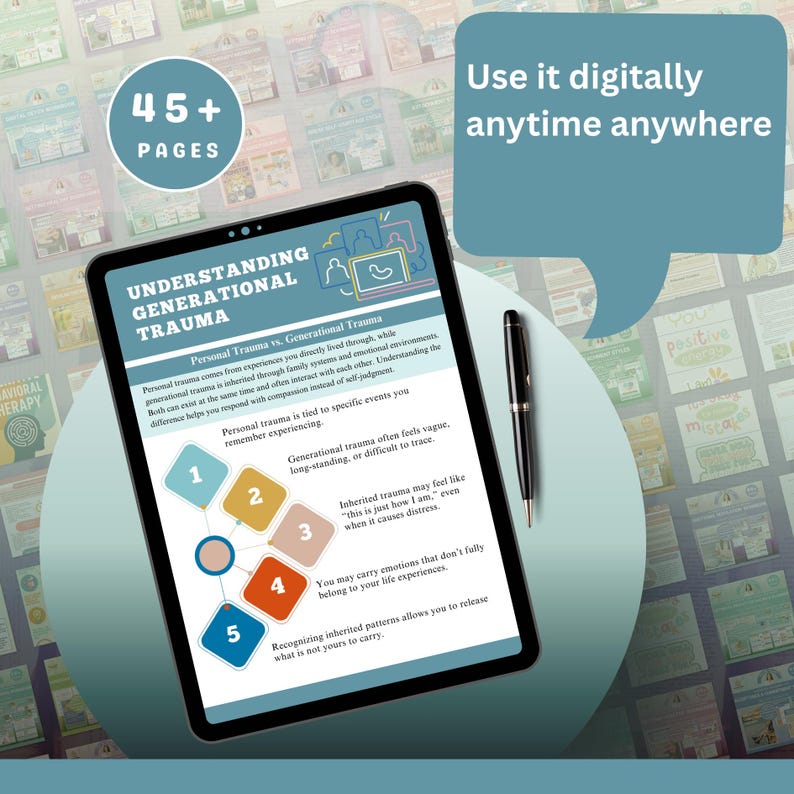 May include: A digital tablet displays the title "Understanding Generational Trauma" with a diagram and text. The tablet is accompanied by a black pen. The image includes the text "45+ PAGES" and "Use it digitally anytime anywhere."